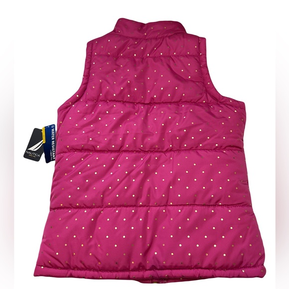 Nautica Vest Girls Size 12 Pink Gold Dotted Puffer Button Full Zip Sherpa Lined - Picture 2 of 10